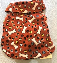 S  Designer  coat - brown with paw prints and bones - collar and velcro closures